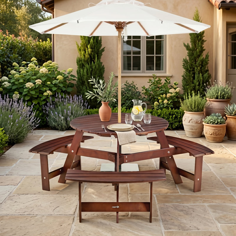 Table de pique-nique ronde 35,5 po avec 3 bancs intégrés et un trou pour parasol, brun, Brun