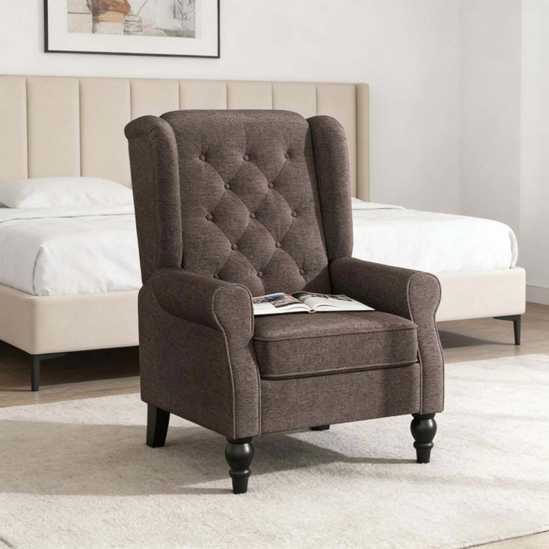 Fauteuil d'appoint rembourré de style nordique avec pieds en bois robustes, Tissu brun foncé