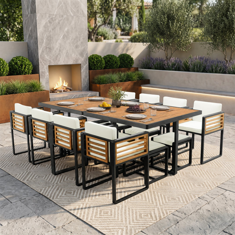 18-Pieces Premium Acacia Wood Patio Dining Set With Cushions, Beige