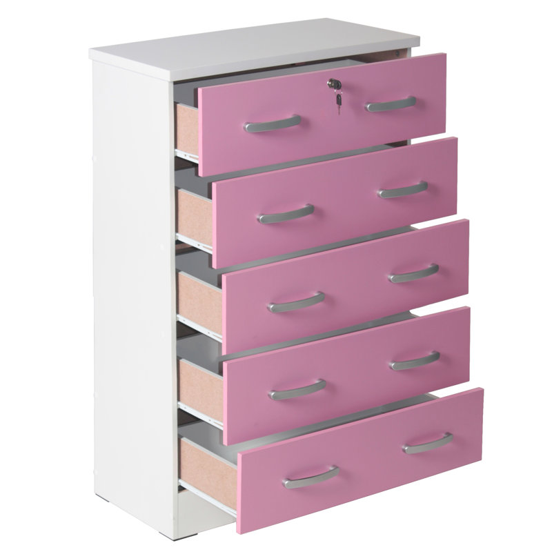 Commode 5 tiroirs Luker, Blanc / rose