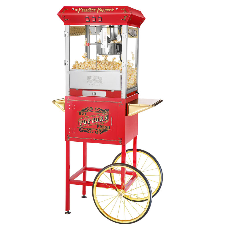 Machine à maïs soufflé Pasadena Popper avec chariot - 8 oz Popper avec bouilloire en acier inoxydable, lumière chauffante et accessoires par Great Northern Popcorn (rouge)