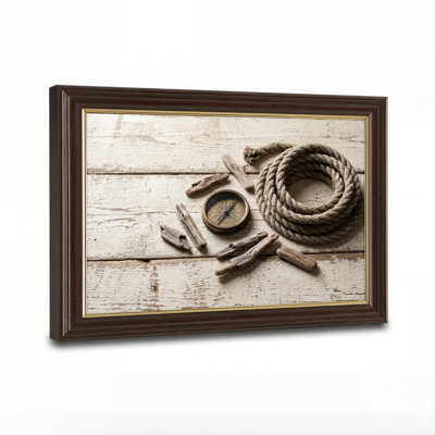 Art mural antique sur toile encadré doré pour le salon, la chambre à coucher, le bureau ou le vestibule - décoration murale décorative avec boussole en corde