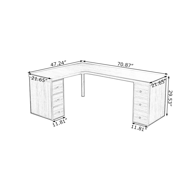 Bureau en forme de L en bois de noyer clair 62,99 po avec 6 tiroirs, Retour à gauche, H 29,53 po x l 70,87 po x P 47,24 po