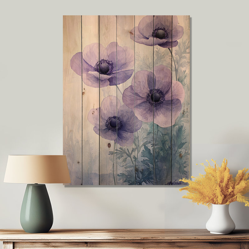 Lavender Anemone Serenity IV - Poppies Wooden Wall Art On Natural Pine Wood, 20" H x 10" W x 0.78" D