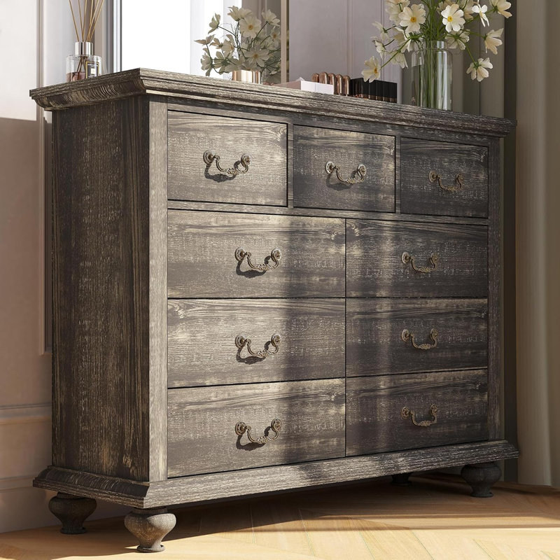 Commode pour chambre à coucher, commode de ferme avec 9 tiroirs, commode avec pieds en bois pour chambre à coucher, salon