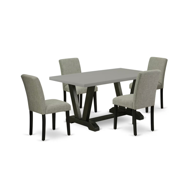 5 Piece Dining Table Set for 4 Includes a Rectangle Kitchen Table with V-Legs and 4 Shitake Linen Fabric Upholstered Parson Chairs, Multi-Color