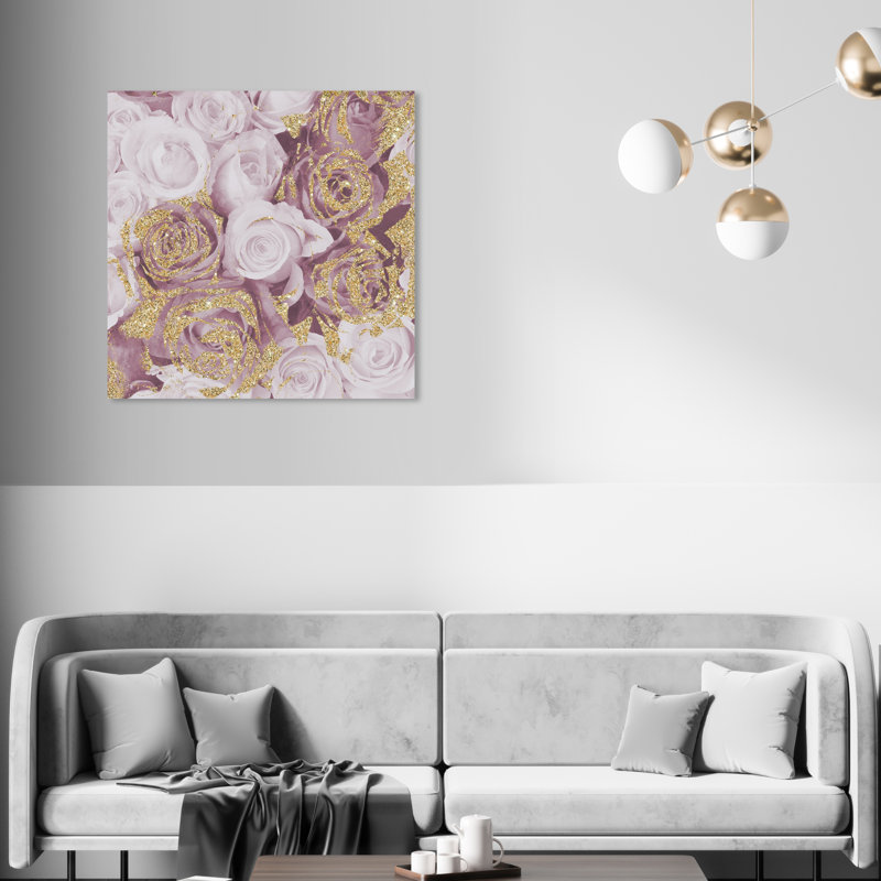 Mauve, paillettes, roses, carrés, fleurs, impression, H 30 po x l 30 po, Toile tendue