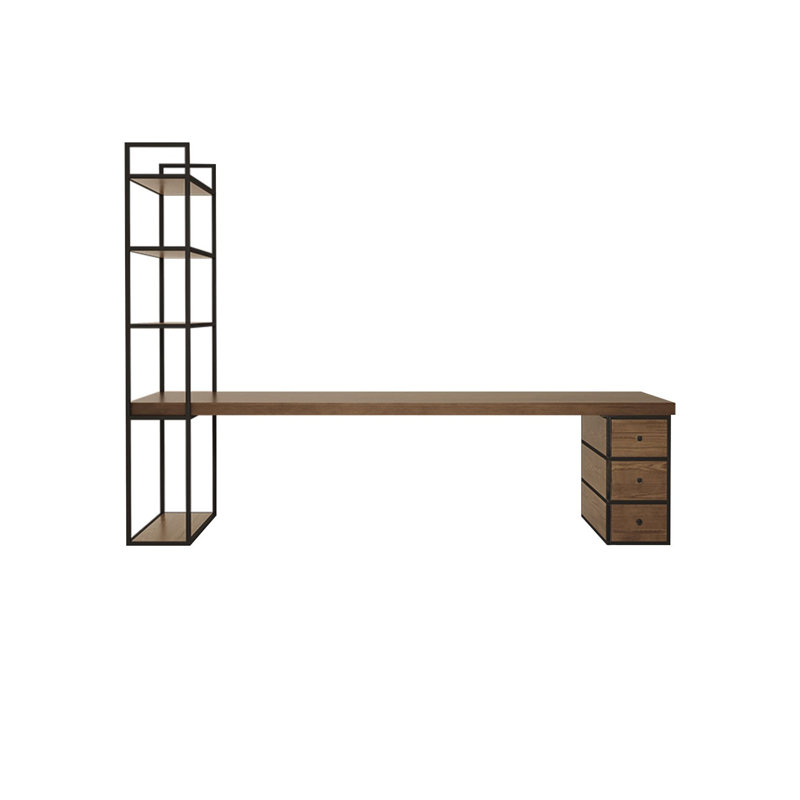 Light-walnut + Black Rectangular Solid Wood + Iron with 3 drawers Desk, 78.74" H x 78.74" W x 23.62" D