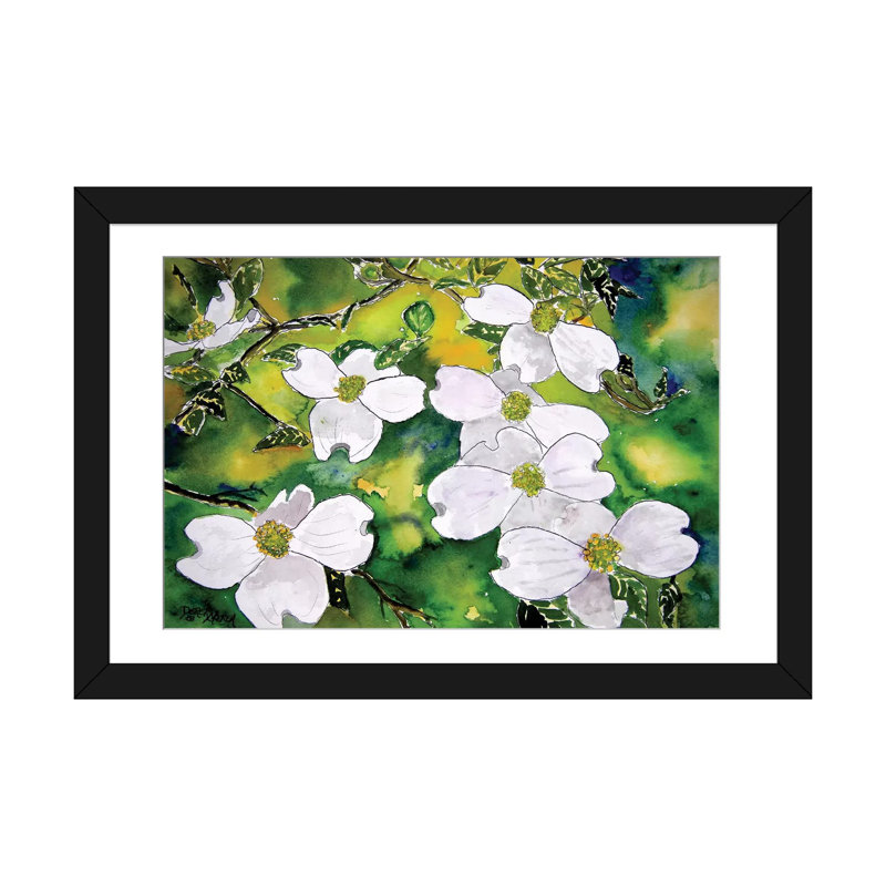 «Dogwood Tree Flowers», impression sur toile, H 16 po x l 24 po x P 1 po, Papier d'art encadré noir, Blanc
