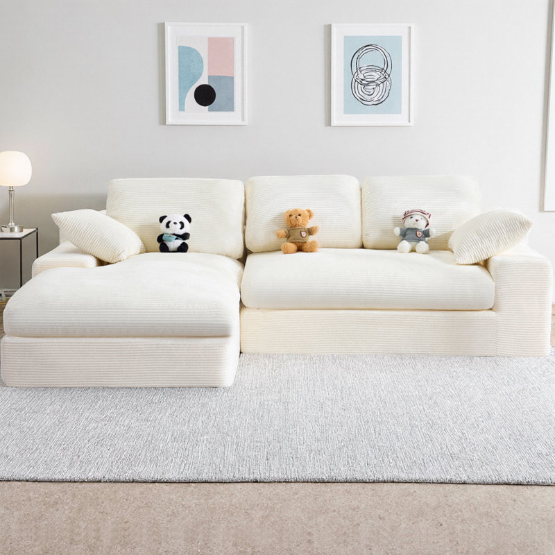 Canapé modulaire en L avec chaise longue en velours côtelé Corduroy, Velours côtelé blanc