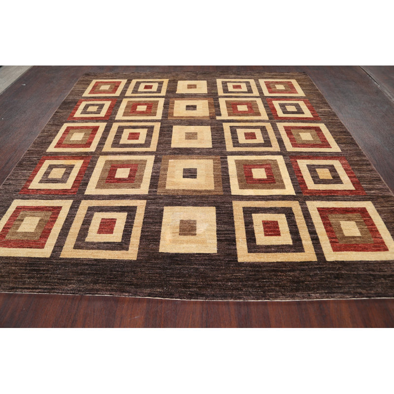 Tapis décoratif en laine noué à la main de conception unique 7 pi 10 po x 7 pi 11 po noué à la main New Age en brun/beige/rouge