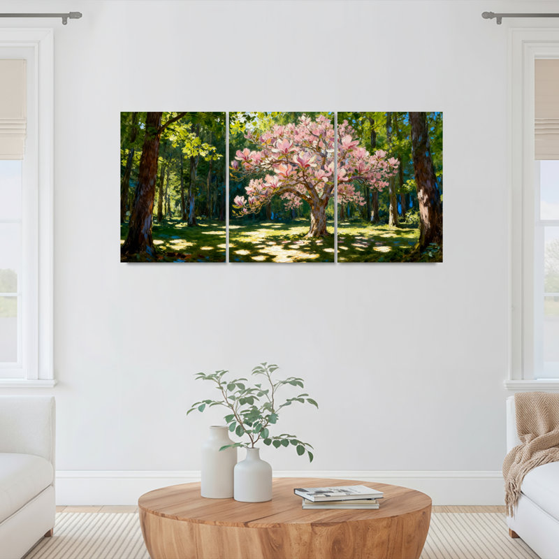 Ensemble de 3 tableaux sur toile représentant un cerisier en fleurs roses dans une forêt, H 18 po x l 36 po