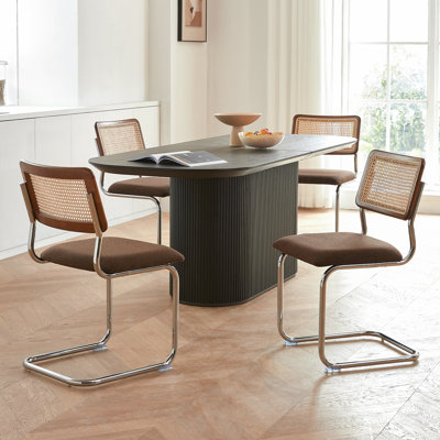 Brown Rattan Dining Chairs Set of 4,Wooden Mid-Century Modern Kitchen Chairs, Mesh Back Cane Dining Room Chairs, Cesca Chair with Metal Chrome Legs