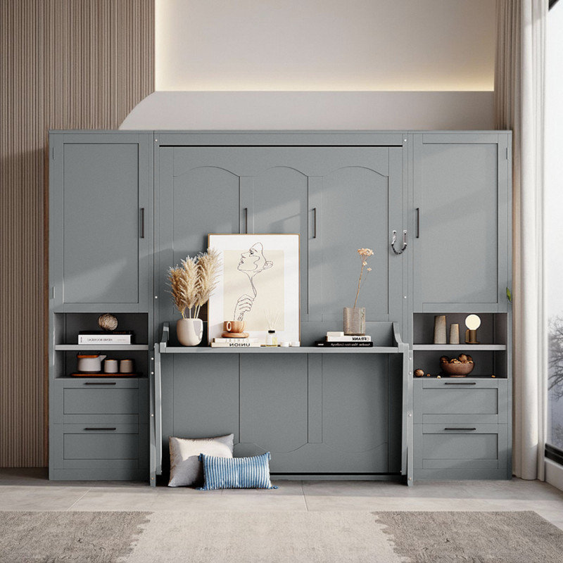 Lit escamotable double avec placard et tiroirs, gris