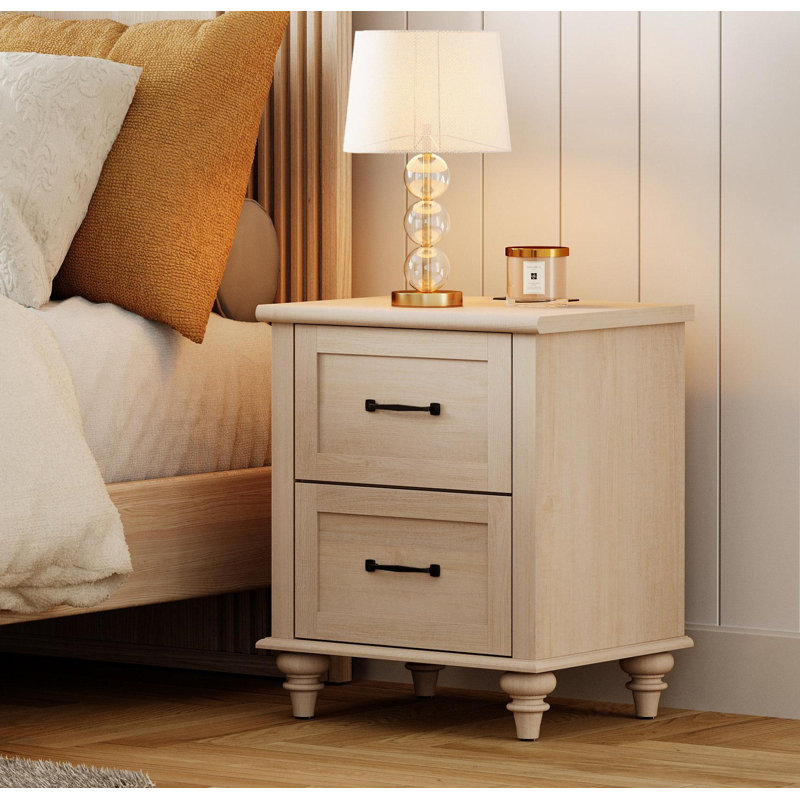 Nightstands With Charging Station, Side Table With Two Drawers, Beige, Individual
