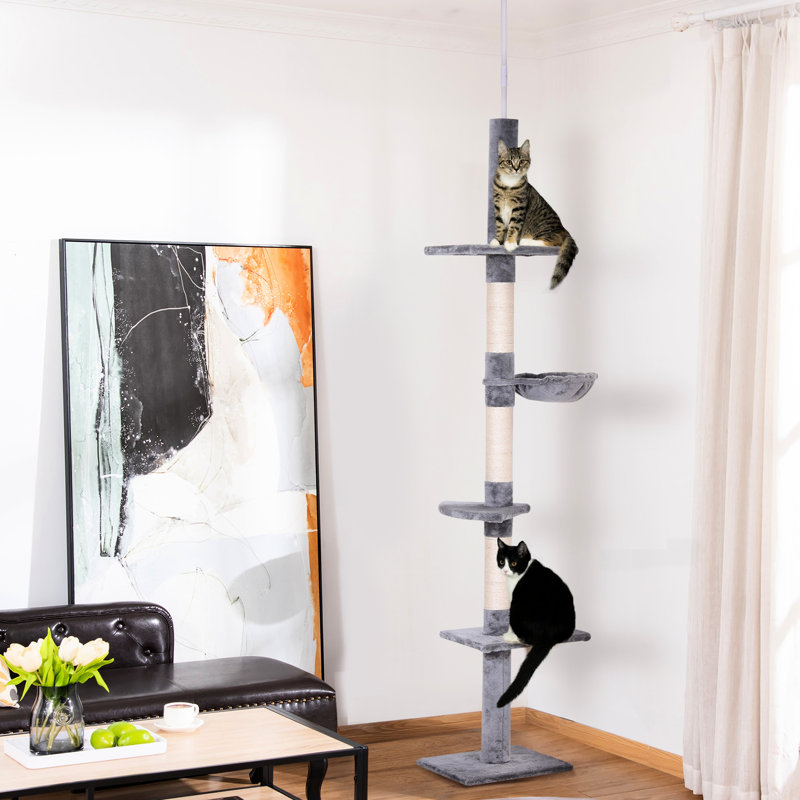 Structure de jeu pour chat de 2,74 m (9 pi) de haut, du sol au plafond - Gris et blanc. Hauteur réglable de 230 à 255 cm (90,5 à 100,42 po), 5 plateformes, 3 zones à griffer en corde, panneaux de particules, coussin chaud, préserve l'esthétique de votre mobilier