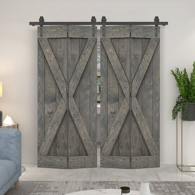 Porte de grange pliante pré-assemblée en bois avec quincaillerie coulissante, Gris patiné, 48 po x 84 po