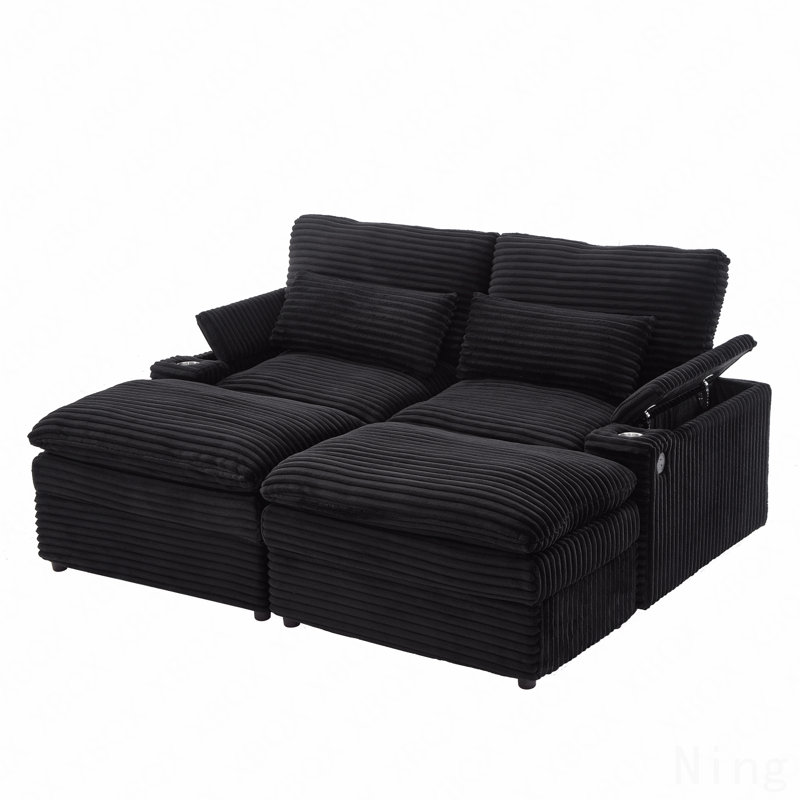 Canapé-lit modulaire à combinaison libre 70,9 "avec causeuse avec espace de rangement, deux repose-pieds mobiles, quatre ports USB et deux porte-gobelets pour le salon, noir