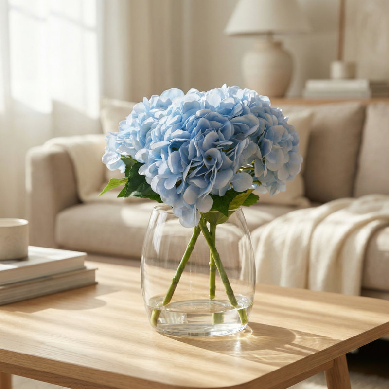 Hortensias bleus Real-touch dans un vase en verre convexe, Bleu