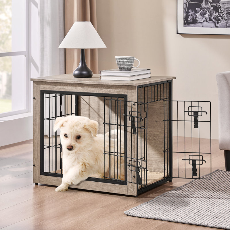 Dog Crate Furniture with 2 Doors, 61cm H x 69cm W x 51cm D, Grey/Black