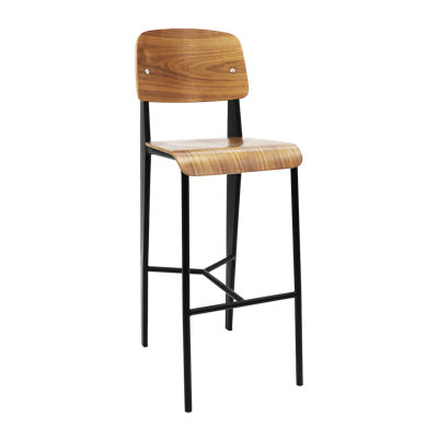 Tabouret de bar en métal noir avec dossier et siège en placage