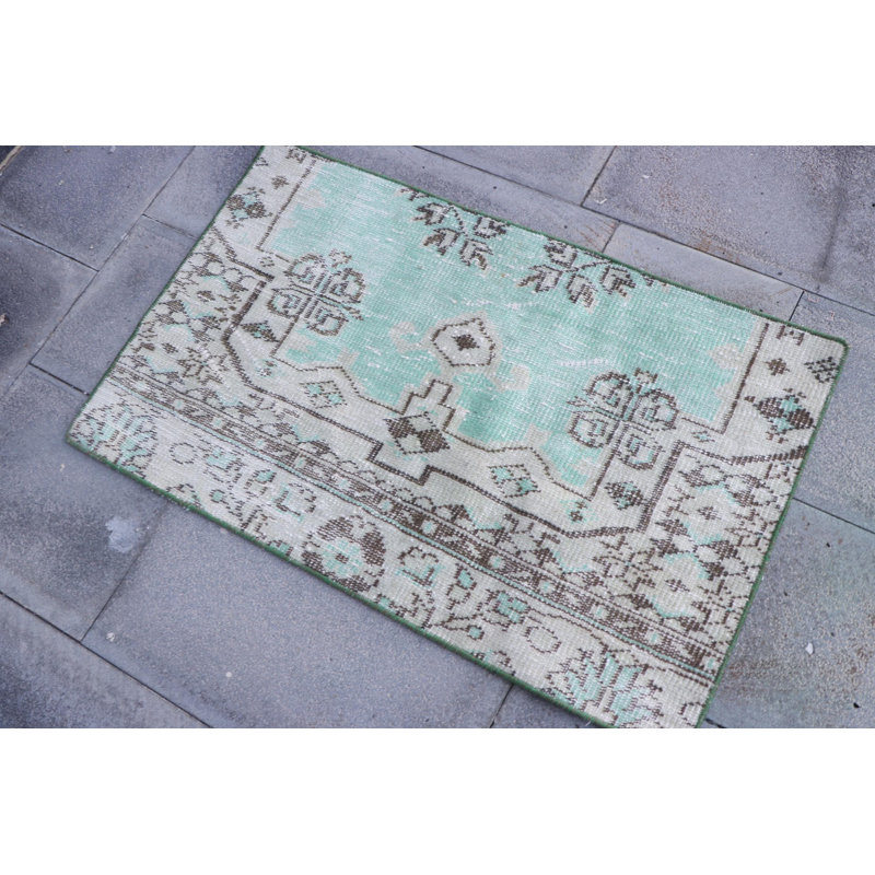 Handmade Vintage Turkish Small Green Wool Rug with Tassels - Ideal Antique Door Mat for Entryway