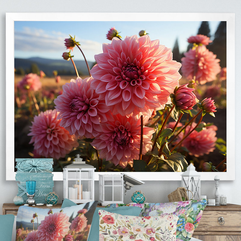 Dahlia Field Sunrise II - impressions murales florales, Cadre simple blanc, H 12 po x l 20 po x P 1 po