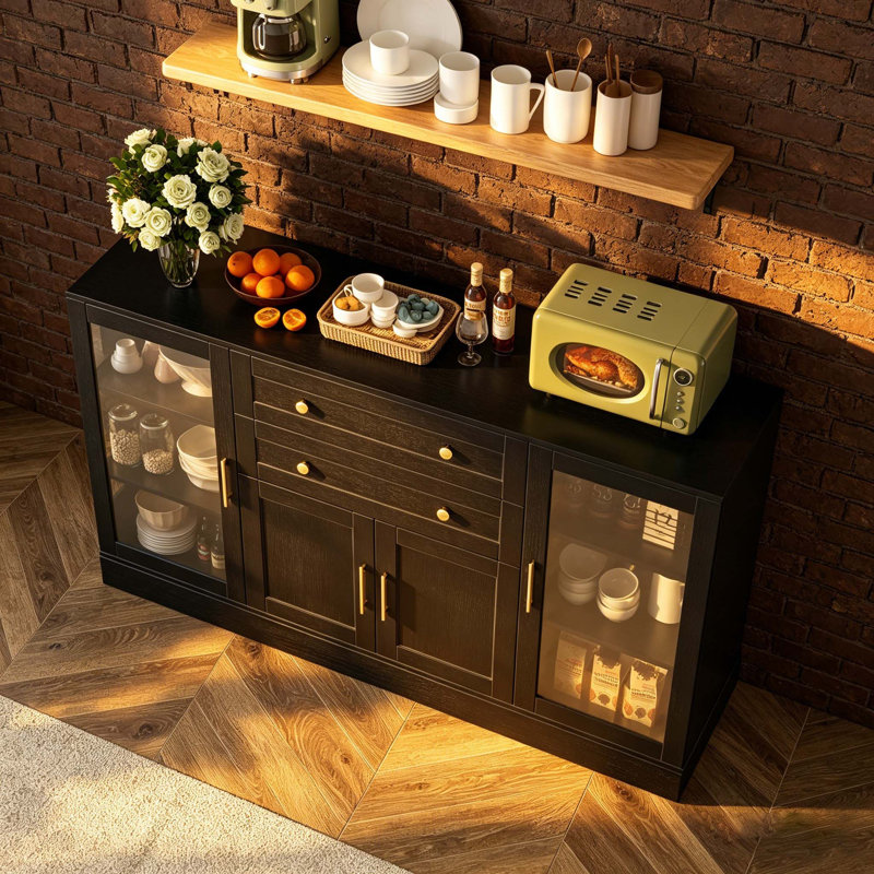 58.3" Modern Multi-Purpose Buffet Sideboard, 4 Doors & 2 Drawers Ample Storage, Adjustable Shelves, Built-In Power Outlet, Acrylic Decorative Panels And Aluminum Alloy Handles, Ideal For Kitchen, Living Room And Dining Room