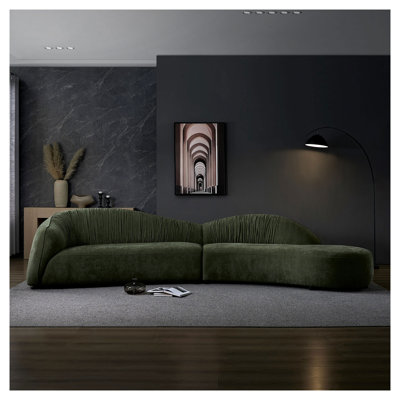 Canapé modulaire de style Mid-Century 145,67 po avec méridienne droite, canapé 6 places en polyester vert pour le salon
