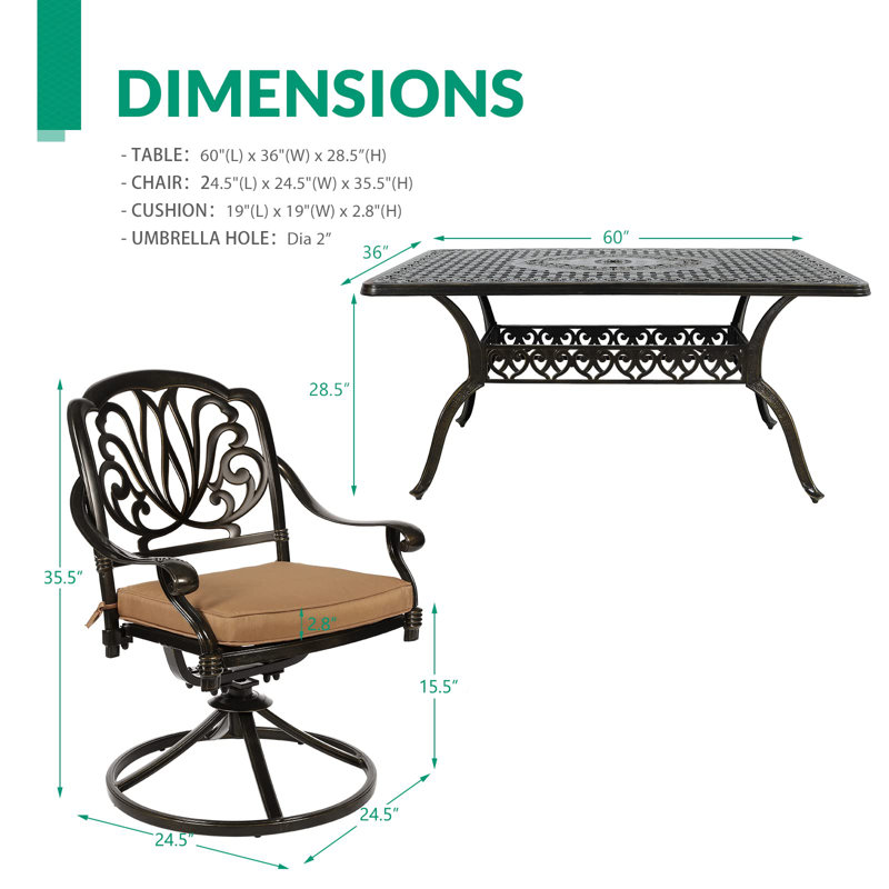 Vivijason 7-piece Outdoor Furniture Dining Set, All-weather Cast Aluminum Conversation Set Includes 6 Swivel Dining Chairs And A Rectangle Table With Umbrella Hole For Patio Garden Deck