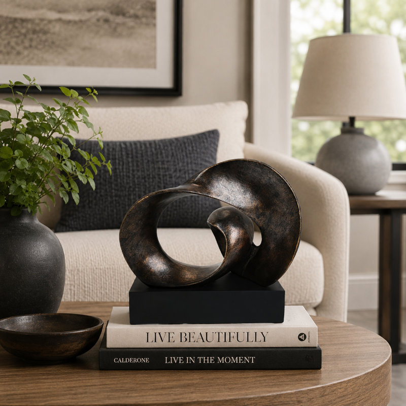Tabletop Décor, Abstract Loop Sculpture, Plinth Base Bronze Black,11 Inch