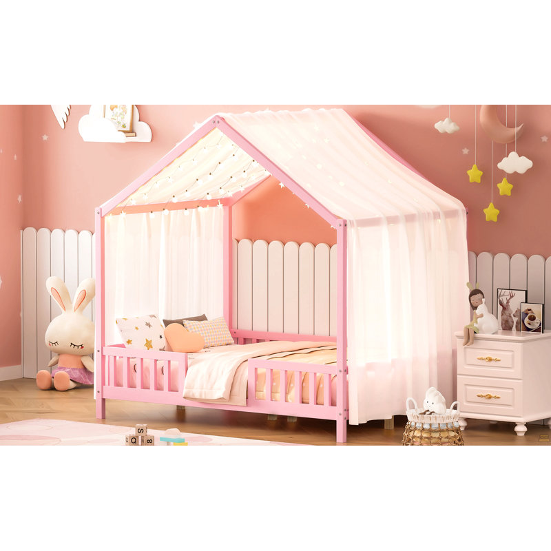 Lit de sol avec baldaquin Montessori, Lit double, Rose