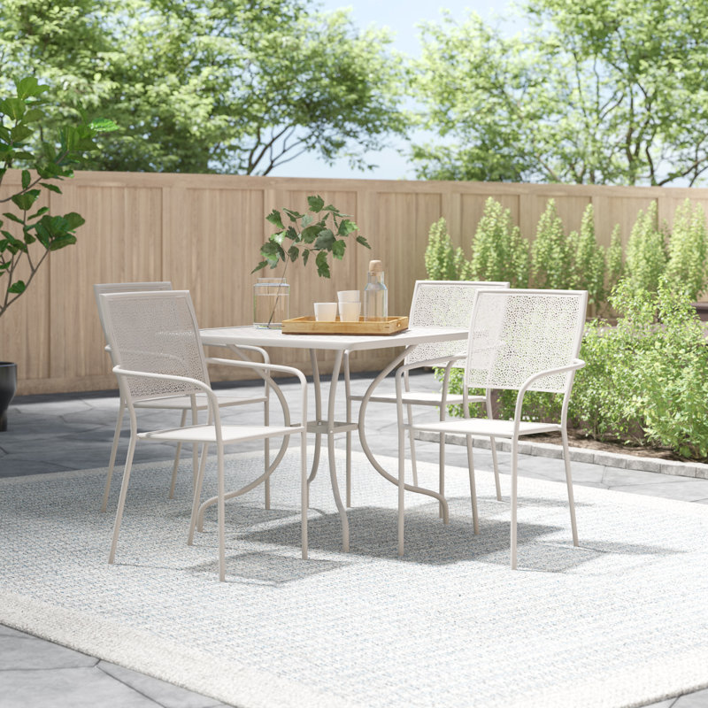 Chanea 35.5'' Square Indoor-Outdoor Steel Patio Table Set with 4 Square Back Chairs, Light Gray
