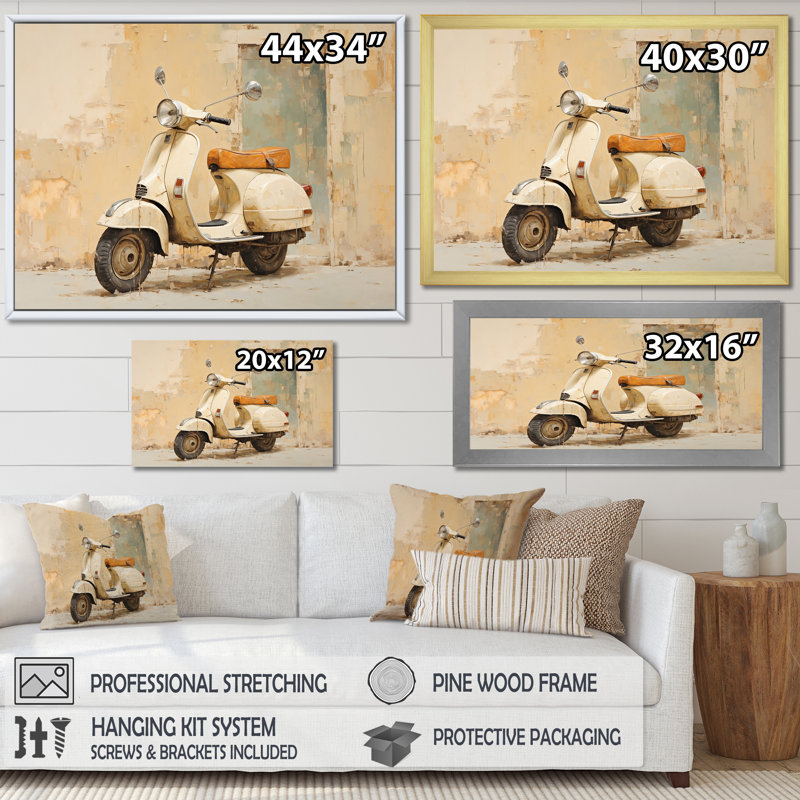 Vintage Scooter Adventures sur impression sur toile, Cadre flottant doré, H 24 po x l 32 po x P 1 po