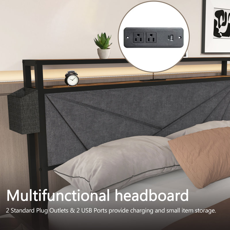 Sturdy And Stable Noiseless LED Bed With Rechargeable Storage Headboard, Queen