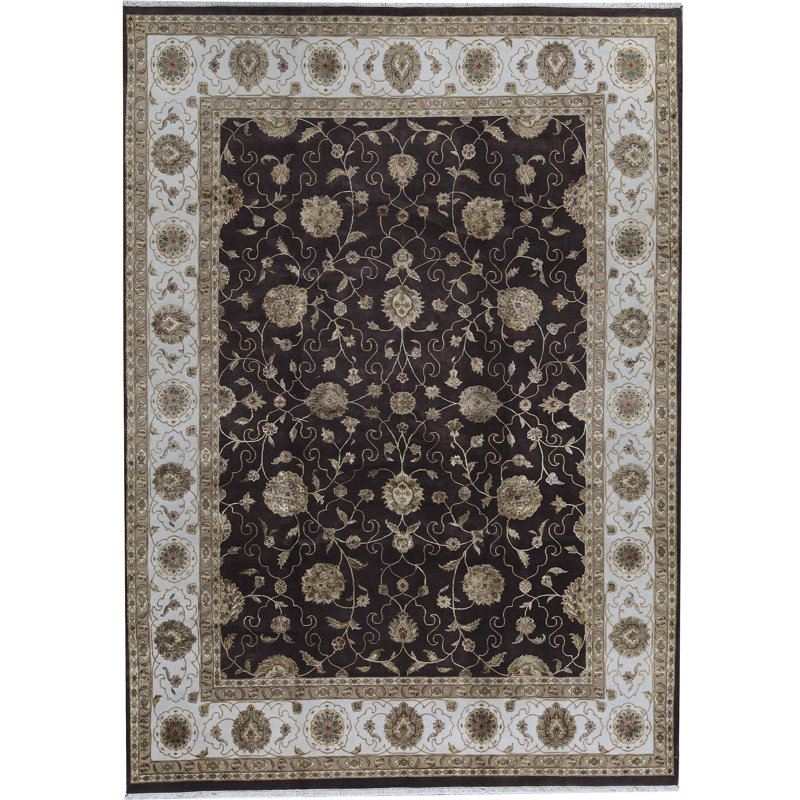 Tapis brun et ivoire de haute qualité noué à la main