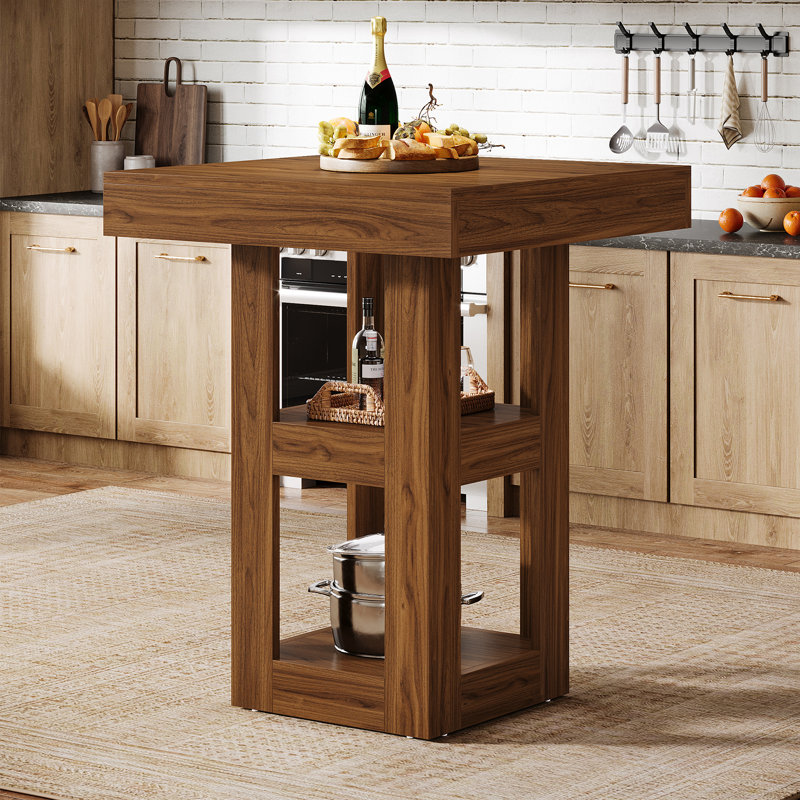 31.5-inch Square Kitchen Island, Wooden Home Bar Table With Storage Shelves For Pub/kitchen/living Room/small Space