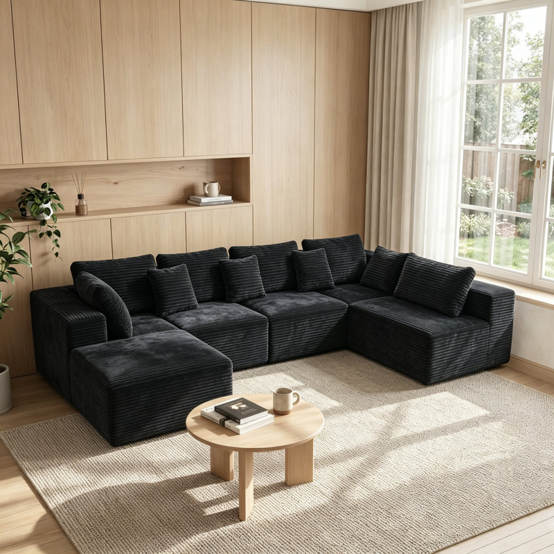 Canapé d'angle en U sans ossature de 106 pouces, velours côtelé noir, 23.6" H x 106.2" W x 70.8" D