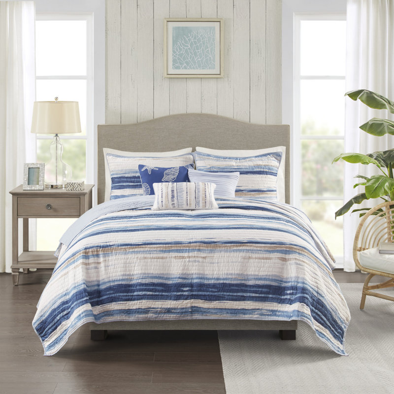 Marina 6 Piece Printed Quilt Set with Throw Pillows, Blue/Beige, King/Cal. King Coverlet + 5 Additional Pieces