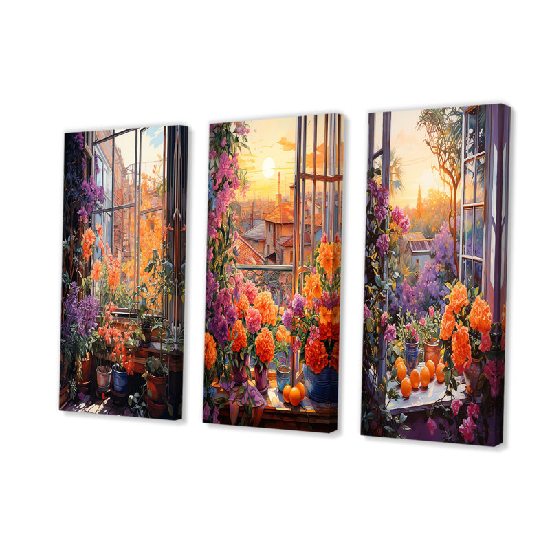 «Sunset Florals», Windows View In Italy I - ensemble de 4 impressions sur toile de fenêtre, H 28 po x l 36 po, Toile tendue