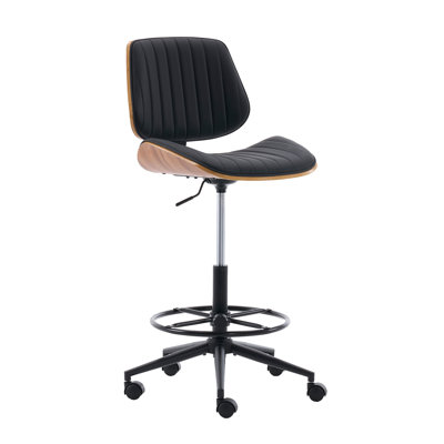 Adjustable Ergonomic Drafting Chair With Footrest Ring, 360° Swivel Armless Tall Office Chair With Bent Wood