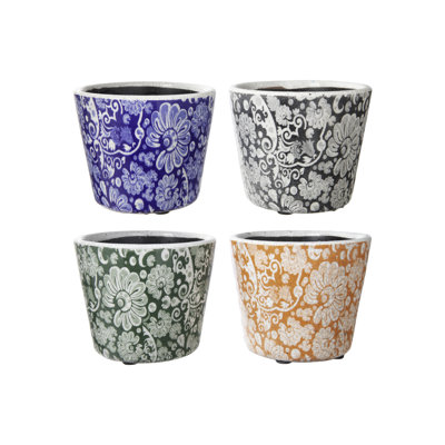 Pot rond en céramique avec motif de motifs botaniques assortis de quatre finitions lustrées polychromes. (5,50 po x 5,5 po x H 4,5 po) x 4 po