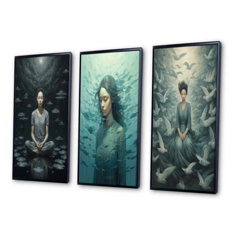 «Mindfulness Grace Woman Meditation», 3 pièces sur toile, Cadre noir, H 36 po x l 20 po