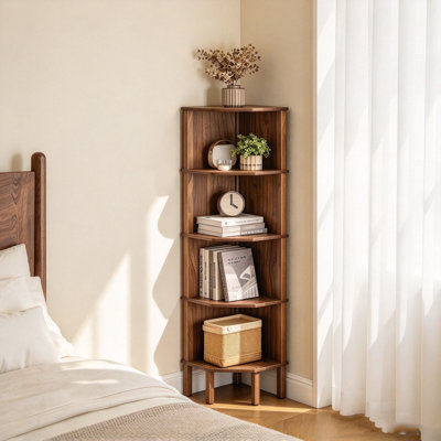 Walnut Corner Shelf, 4 Tier Corner Modern Corner Bookshelf for Living Room