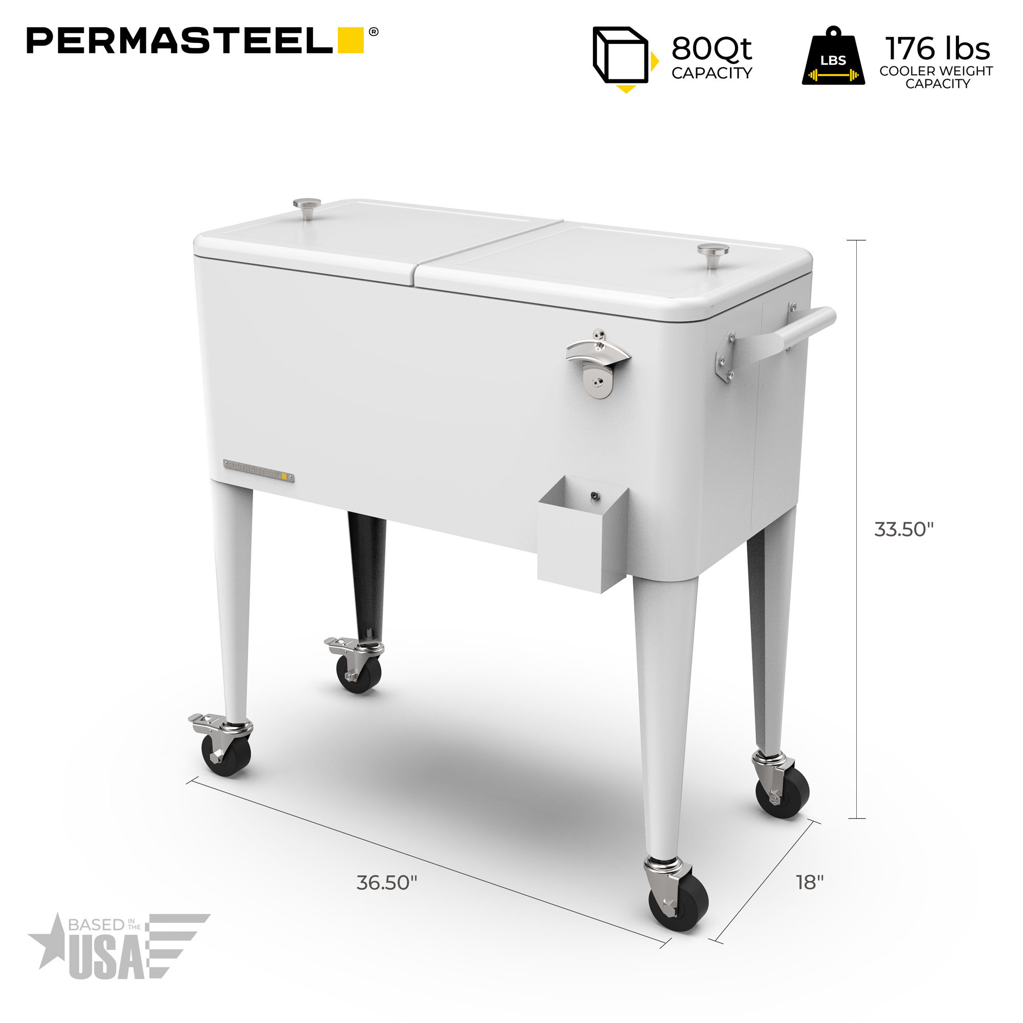 Permasteel 80-Qt Classic Outdoor Patio Cooler On Wheels, White, Without Divider