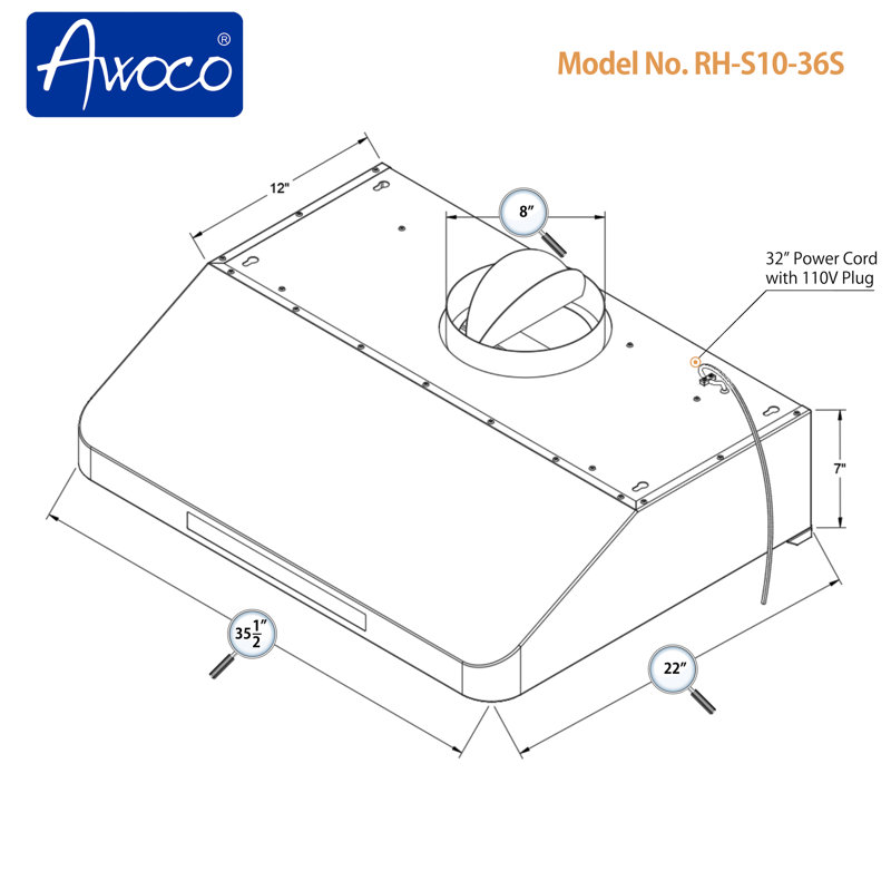 Awoco 36" Stainless Steel 1000 CFM Ducted (Vented) Under Cabinet Range Hood with Baffle Filter