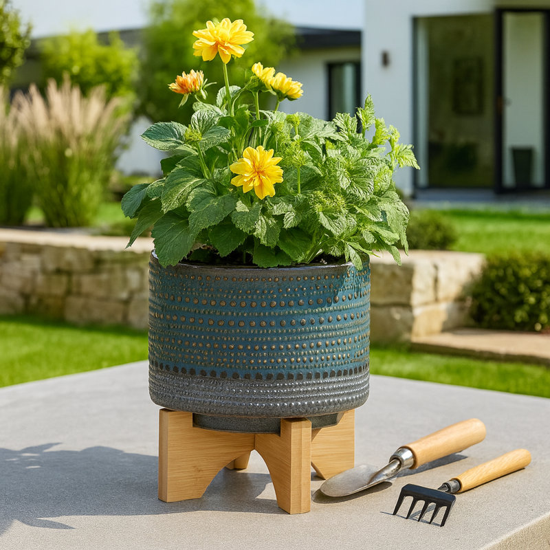 Jardinière en grès avec support en bambou Clingmans - Design moderne et élégant, matériaux de haute qualité, Vert