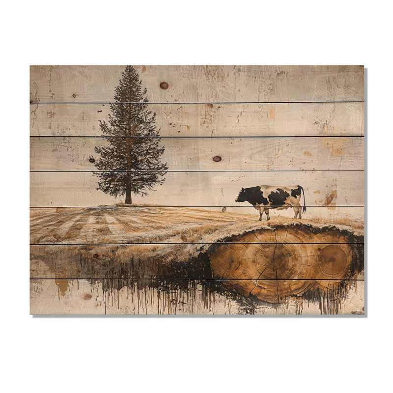 Vache dans un paysage de ferme audacieux II - Art mural en bois de ferme - sur bois de pin naturel, H 34 po x l 44 po