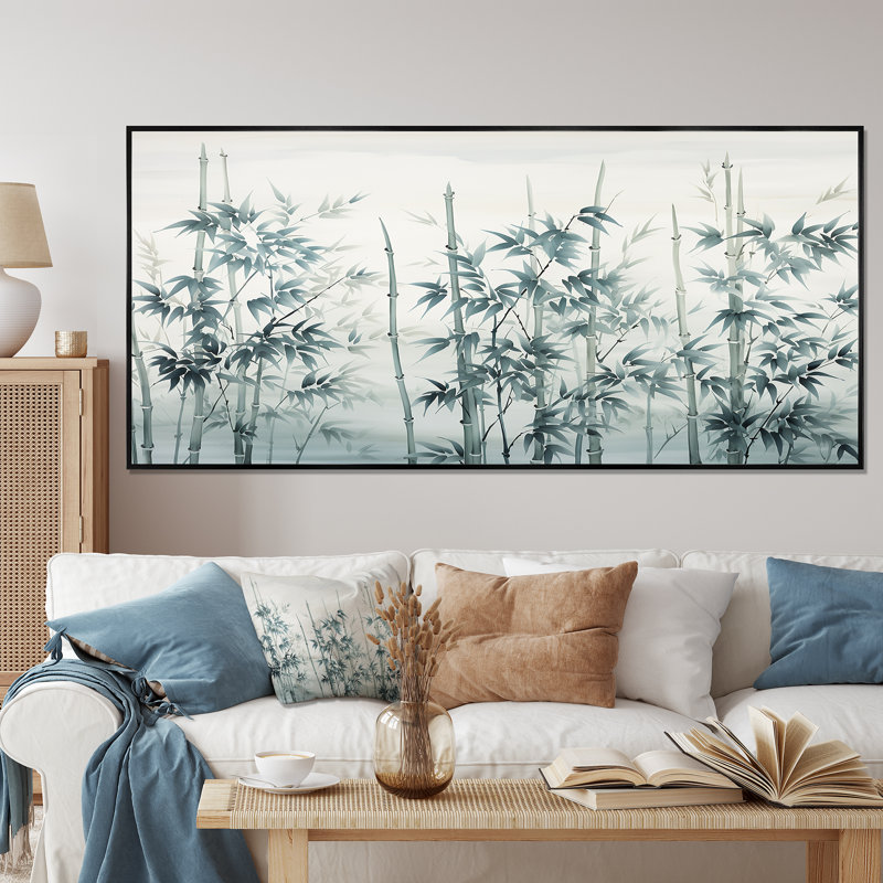 Gris et vert bambou tranquillité I - art mural Chine, Cadre flottant noir, H 28 po x l 60 po x P 1,5 po