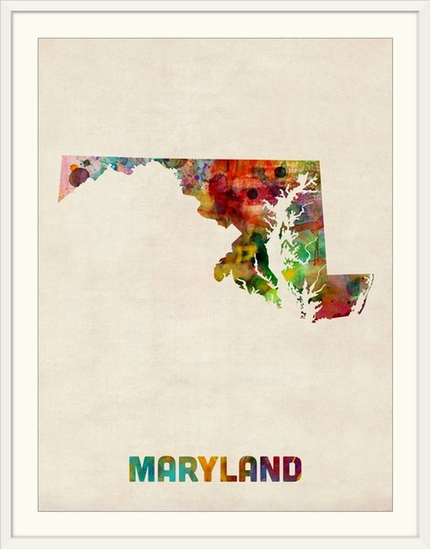 Francy «Maryland Watercolor Map» par Michael Tompsett - reproduction, Cadre blanc, H 24 po x l 20 po x P 1 po